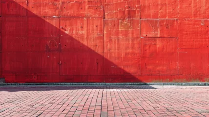 Papier Peint photo Lavable Rouge Textured red wall casting a sharp shadow - The illuminating play between sharp shadow and the uneven red surface of the wall, capturing the transient beauty of urban landscapes