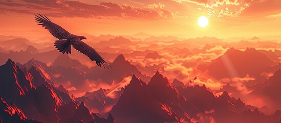 ThreeDimensional Clay Soaring Eagle Captures the Tranquil Essence of a Vibrant Sunset - obrazy, fototapety, plakaty