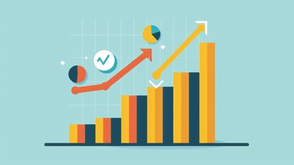 Colorful business growth chart illustration - An infographic showing a rising trendline among bars, pie charts, and graphs, symbolizing business success