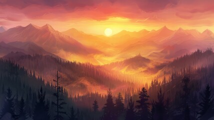 Sunrise over misty mountains and forest silhouette - An enchanting sunrise casting a soft glow over a forest and mountain silhouette shrouded in morning mist - obrazy, fototapety, plakaty