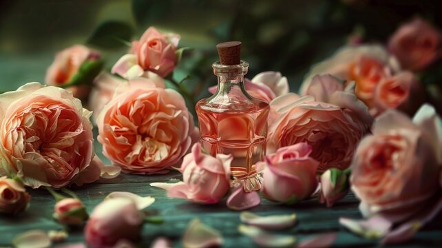 Vintage perfume bottle among roses - An intricately designed vintage perfume bottle sits amid a soft splash of blooming pale pink roses