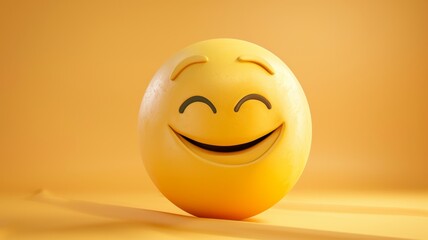 3D  of a joyful emoji on yellow - A bright yellow 3D  emoji with a beaming, closed-eye smile represents happiness and positivity - obrazy, fototapety, plakaty