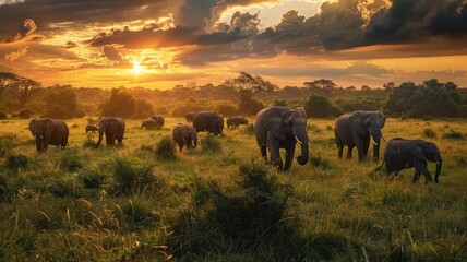 Herd of elephants at sunset in the wild - A breathtaking scene of a herd of elephants walking through the grasslands at sunset, with the sun casting a golden glow