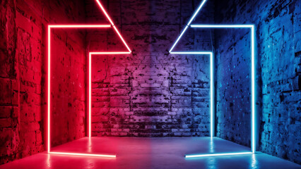 A photo studio with vibrant neon lights, rustic aged brick wall background.
