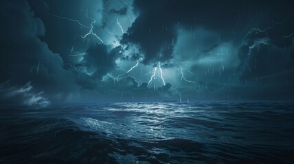 Exhilarating lightning storm over wild ocean - A breathtaking panoramic view of an intense lightning storm illuminating the vast, untamed sea at night