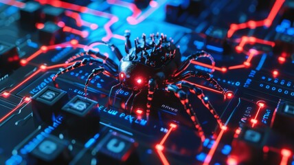 Cyber spider on a circuit board - A 3D  metallic spider sits atop an electronic circuit, symbolizing cyber security threats and internet privacy issues - obrazy, fototapety, plakaty