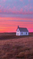 Solitary church in twilight prairie landscape - A serene image of a single church standing alone amidst vast prairie during a breathtaking twilight, solitude, spirituality, prairie, church, twilight,  - obrazy, fototapety, plakaty