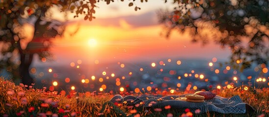 Tranquil D Clay Sunset Panorama A Peaceful Hillside Picnic Amidst Glowing Bokeh Lights - obrazy, fototapety, plakaty