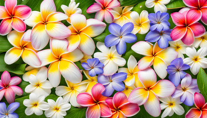 Morning landscape view of fresh plumeria daisy cosmos and periwinkle flowers
