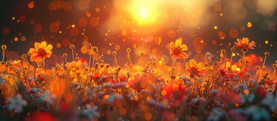 Enchanting D Clay Sunset Illumines a Field of Wildflowers - obrazy, fototapety, plakaty