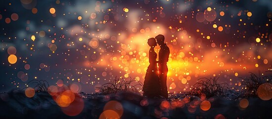 D Clay Sunset A Tender Couples Kiss Under a Canopy of Glowing Stars - obrazy, fototapety, plakaty