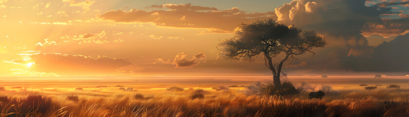 Obraz premium A beautiful sunset over a savanna with a tree in the foreground. The sky is filled with clouds and the sun is setting in the distance