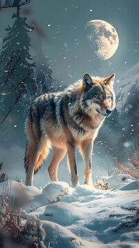 A wolf is standing in the snow with a full moon in the background. Concept of solitude and mystery, as the wolf is alone in the wilderness under the watchful gaze of the moon
