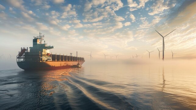 A cargo ship floats on the calm waters of a harbor its large engines rep with hydrogen biofuel cells reducing its carbon footprint and paving the way for a more sustainable shipping .