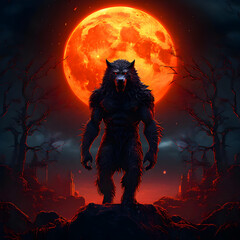 Draw a werewolf standing alone on a moonlit night, generative ai