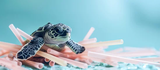 Foto op Aluminium Baby Sea Turtle and Plastic Straw Pollution Garbage on Blue Background. Room for Copy Text © VisionVista