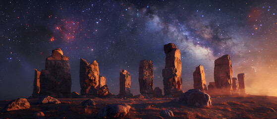 A group of large rocks are illuminated by the stars and the moon. The scene is serene and peaceful, with the rocks standing out against the dark sky - obrazy, fototapety, plakaty