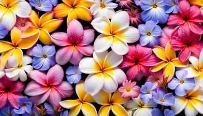 Fototapeten Group of natural fresh wet plumeria daisy cosmos and periwinkle flowers on white background © Spring of Sheba