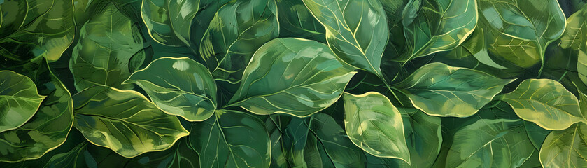 A painting of green leaves with a yellowish tint. The leaves are painted in a way that they appear to be overlapping each other. The painting has a serene and calming mood - obrazy, fototapety, plakaty
