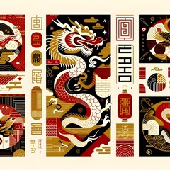 "Chinese New Year 2025Modern Art Design Set in Red, Gold and White Colors for Cover, Card, Poster, Banner. Chinese Zodiac Dragon Symbol. Hieroglyphics ..."
