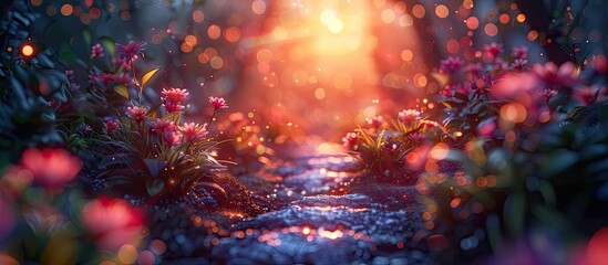Dreamy D Clay Sunset Illumines a Colorful Garden Path - obrazy, fototapety, plakaty