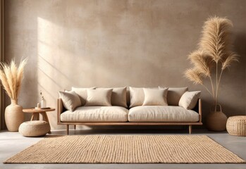 Fototapeta premium Interior mockup of a wabi-sabi style living room with a low sofa, burlap rug, and dried grass decorations against a blank wall background. 3d rendering.