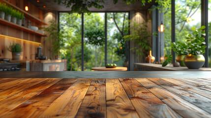 Kitchen table top for product display with blurred modern interior.