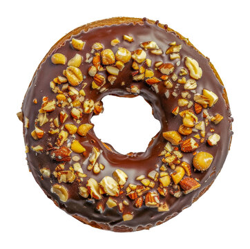 A chocolate donut with nuts on top, cut out - stock png.