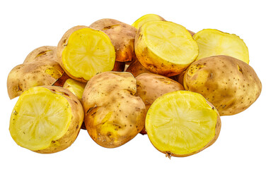 A pile of yellow potatoes with some of them cut in half, cut out - stock png.