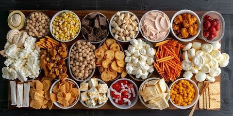 A table full of different types of snacks and crackers - obrazy, fototapety, plakaty