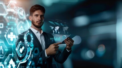 Businessman holding virtual technology interface panel