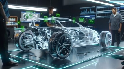 Fototapeta premium Car design engineers using holographic app technology