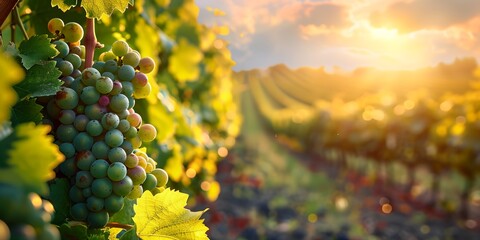 A bunch of grapes hanging from a vine. The grapes are green and are in the sun - obrazy, fototapety, plakaty