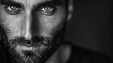 In this black and white portrait a man with a trimmed beard and piercing eyes stares directly into the camera. The simplicity of the monochrome only serves to emphasize the intensity . - obrazy, fototapety, plakaty
