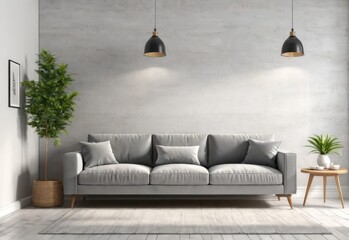 Living room interior wall mockup with gray fabric sofa and pillows on white background with empty space. 3d rendering