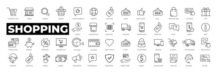 Shopping line icon set. E-Commerce icons. E-commerce, online shopping and delivery icon. Thin line icons collection