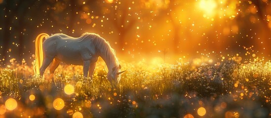 D Clay Sunset Tableau A Unicorn Grazes in a Starstudded Meadow at Dusk
