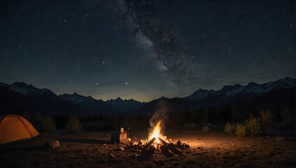 An adventurous solo traveler warming up by a roaring bonfire under the starlit sky in a remote mountain campsite Generative AI