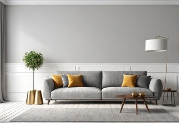 Living room interior wall mockup with gray fabric sofa and pillows on white background with empty space. 3d rendering - obrazy, fototapety, plakaty