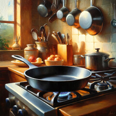 a frying pan placed in a kitchen setting