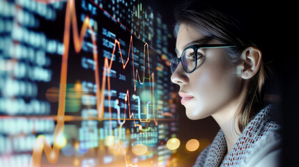Title: "Coding Confidence"

Art Description: A focused young woman with glasses works on coding, surrounded by digital data streams and code lines.