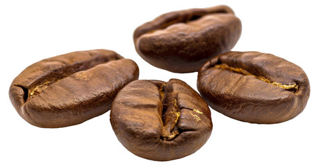 Four coffee beans are shown in a close up, cut out - stock png.