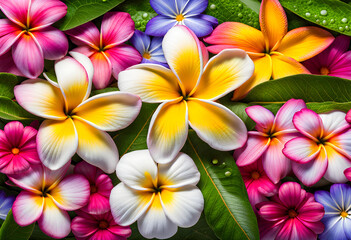 Wonderful close-up view of fresh wet plumeria daisy cosmos and periwinkle flowers