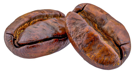 Two coffee beans are shown, cut out - stock png.