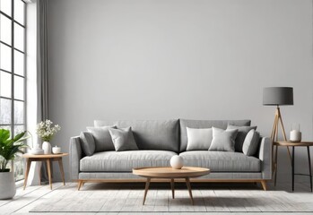 Living room interior wall mockup with gray fabric sofa and pillows on white background with empty space. 3d rendering