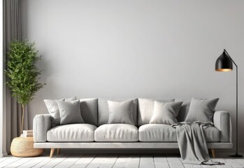Living room interior wall mockup with gray fabric sofa and pillows on white background with empty space. 3d rendering