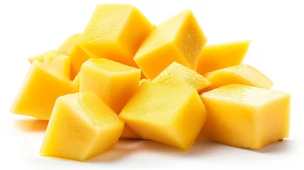Foto op Plexiglas slices of cheese on a plate mango cubes on a white background © Abubakar
