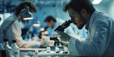 A laboratory scene featuring scientists in lab coats intently observing small cultures of microbes through microscopes. They carefully control and nurture these microscopic organisms .