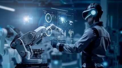 Obraz premium Technical Industrial Engineer working and control robotics with virtual technology dashboard overlay