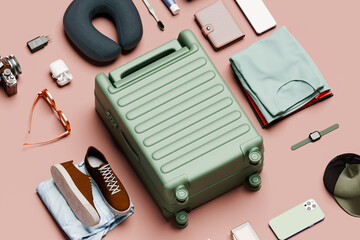 Neatly arranged luggage essentials. Suitcase, travel 3D concept 